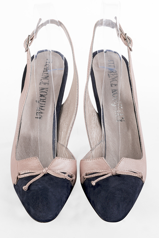 Navy blue and powder pink women's dress pumps, with a knot on the front. Round toe. Very high slim heel. Top view - Florence KOOIJMAN